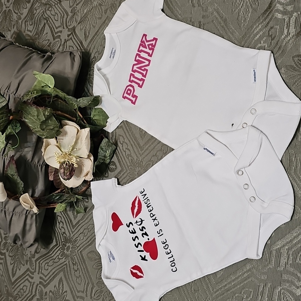 Gerber 2 NEW White Graphic Onesies with Pink and Red Designs 3-9 Months/9 Months